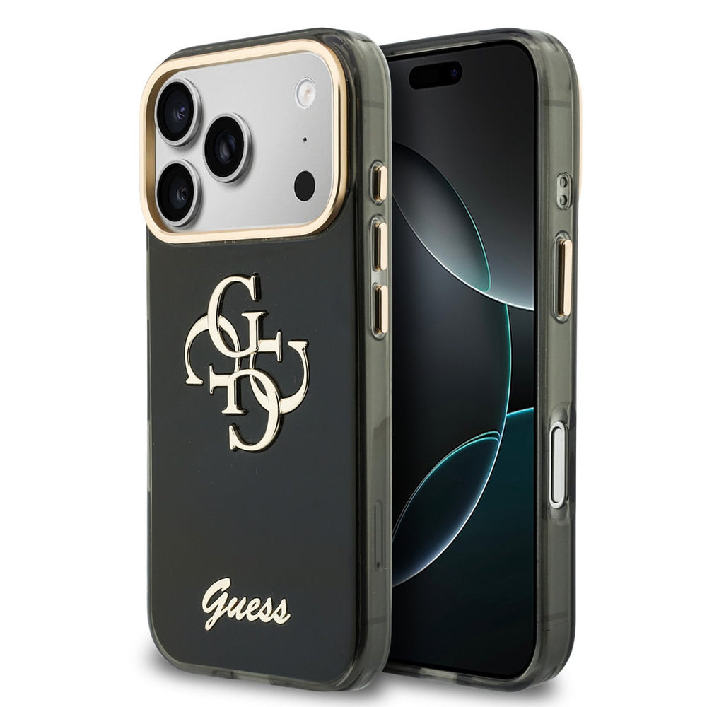 Zwart Guess telefoonhoesje met groot 4G-logo en schriftlogo, voor- en achterkant op een telefoon