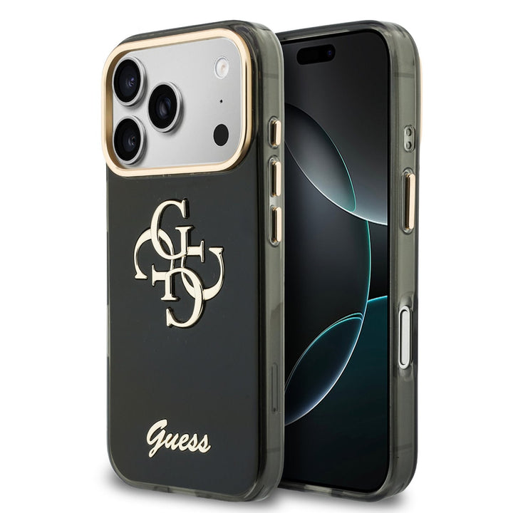 Zwart Guess telefoonhoesje met groot 4G-logo en schriftlogo, voor- en achterkant op een telefoon