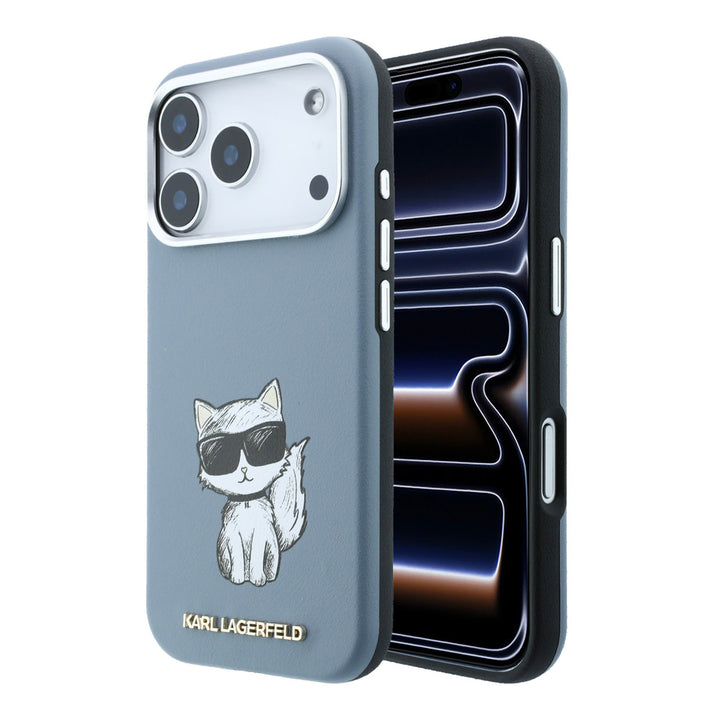 Blauw Karl Lagerfeld telefoonhoesje met Choupette-kat, voor- en achterkant op een telefoon