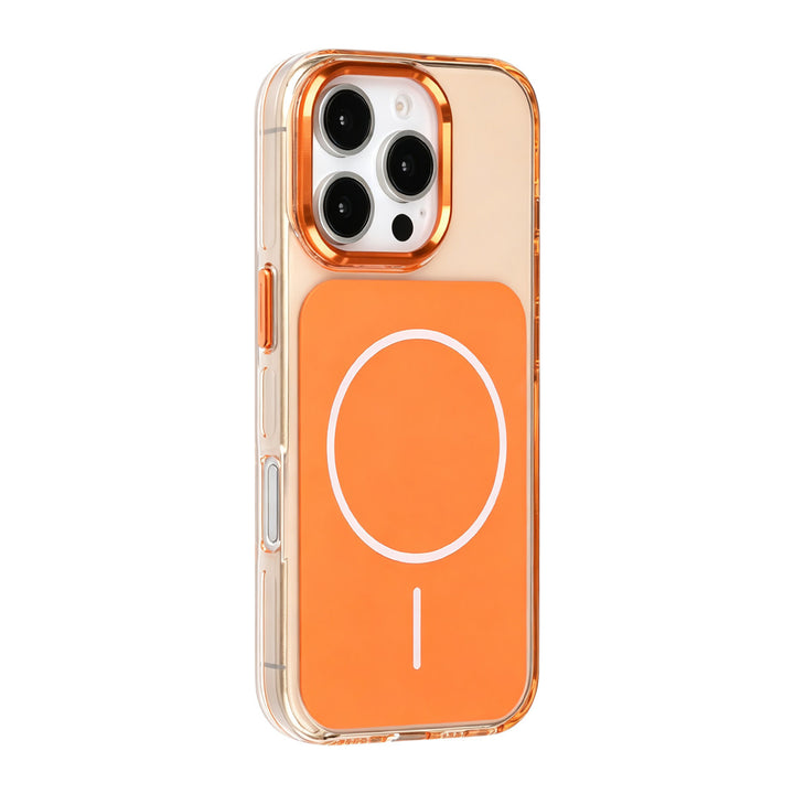 Oranje TUNIQ telefoonhoesje met witte ring, van achteren op een telefoon
