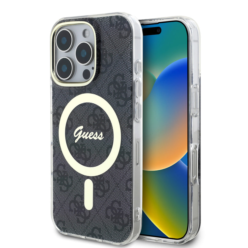Zwart Guess telefoonhoesje met 4G-patroon en lichtgekleurde ring, voor- en achterkant op een telefoon