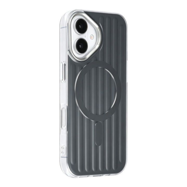 Zwart TUNIQ telefoonhoesje met verticale ribbels en ring, van achteren op een telefoon