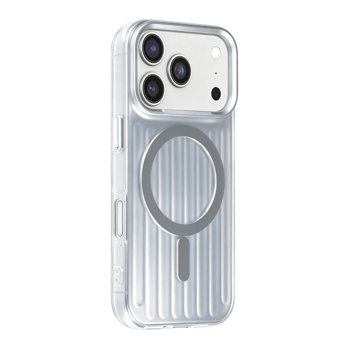 Zilverkleurig TUNIQ telefoonhoesje met verticale ribbels en ring, van achteren op een telefoon