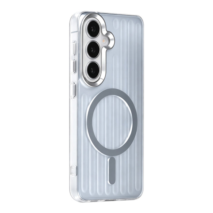 Zilverkleurig TUNIQ telefoonhoesje met verticale ribbels en ring, van achteren op een telefoon