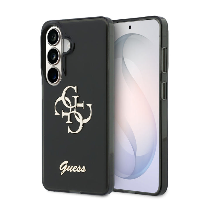 Zwart Guess telefoonhoesje met groot 4G-logo en goudkleurig schriftlogo, voor- en achterkant op een telefoon