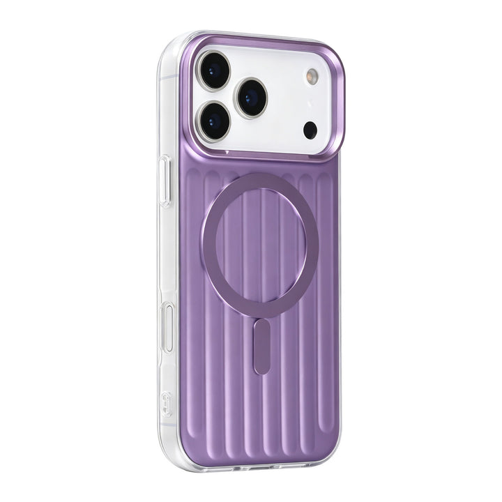 Paars TUNIQ telefoonhoesje met verticale ribbels en ring, van achteren op een telefoon