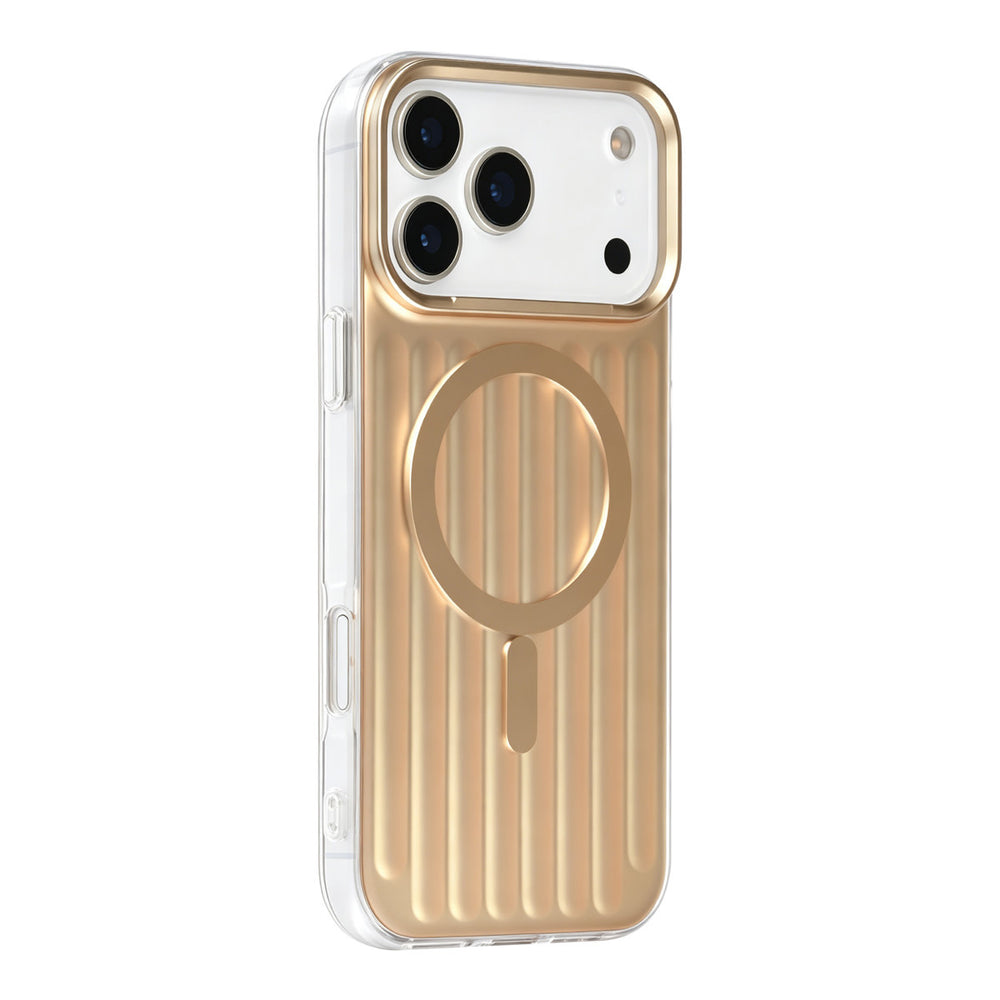 Goudkleurig TUNIQ telefoonhoesje met verticale ribbels en ring, van achteren op een telefoon