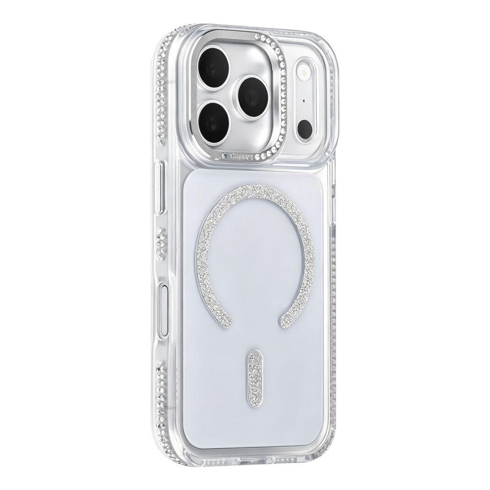 Transparant TUNIQ telefoonhoesje met zilverkleurige glitters langs de rand en gebogen ring, van achteren op een telefoon