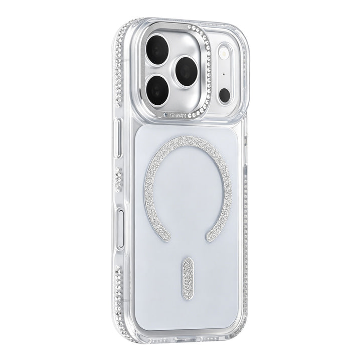 Transparant TUNIQ telefoonhoesje met zilverkleurige glitters langs de rand en gebogen ring, van achteren op een telefoon