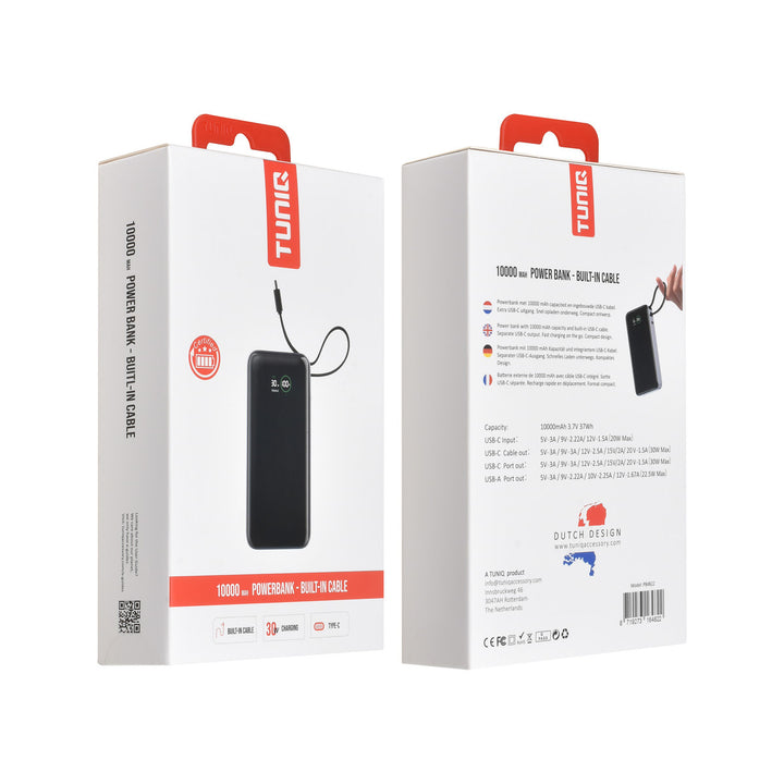Voor- en achterkant van verpakking van TUNIQ powerbank met ingebouwde kabel