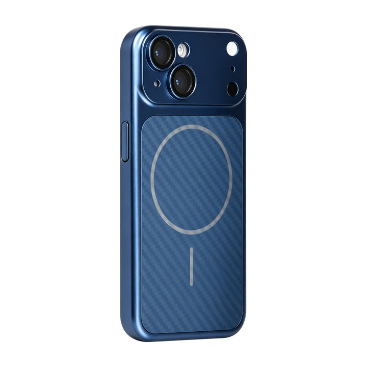Blauw TUNIQ telefoonhoesje met diagonaal patroon en ring, van achteren op een telefoon