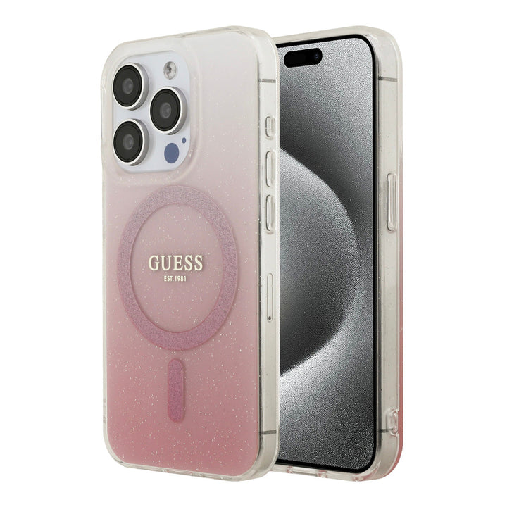 Guess telefoonhoesje met roze kleurverloop, glitters en ring, voor- en achterkant op een telefoon