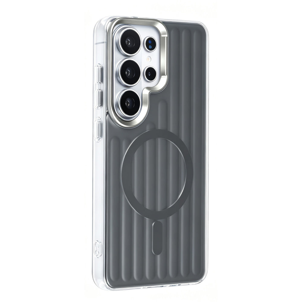 Zwart TUNIQ telefoonhoesje met verticale ribbels en ring, van achteren op een telefoon