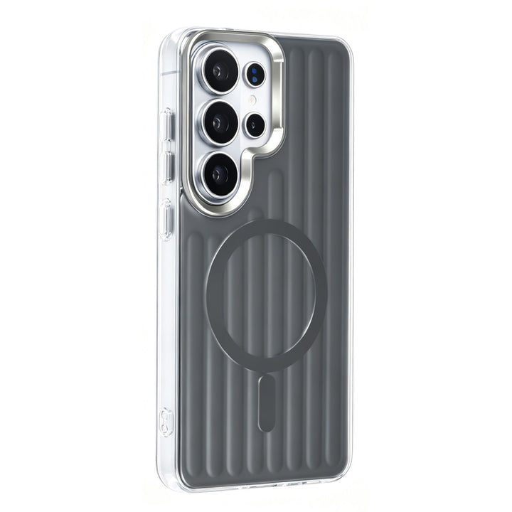Zwart TUNIQ telefoonhoesje met verticale ribbels en ring, van achteren op een telefoon