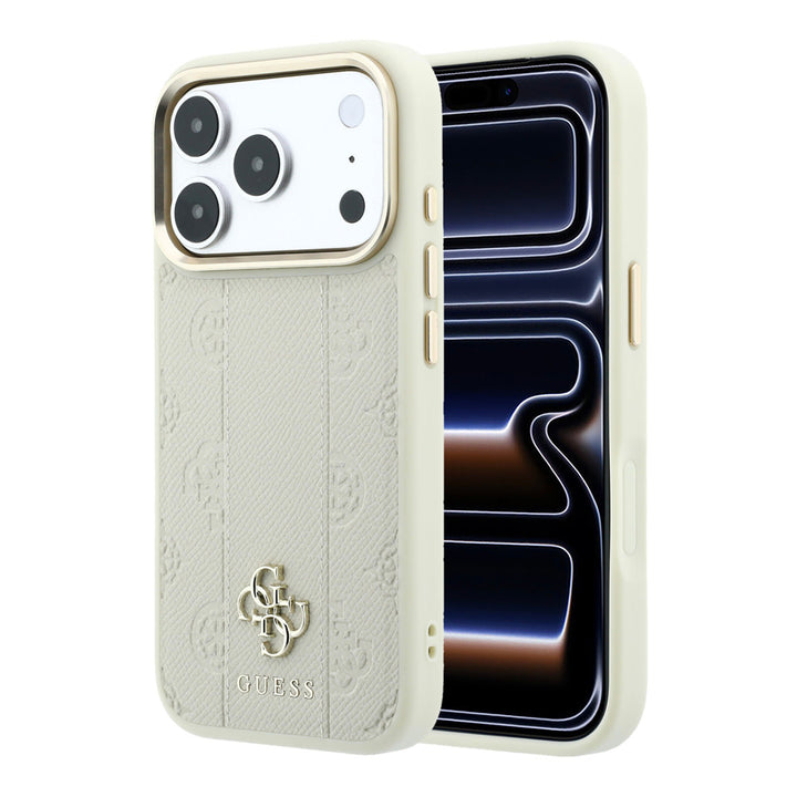 Beige Guess telefoonhoesje met bloemenpatroon, verticale banen en 4G-logo, voor- en achterkant op een telefoon