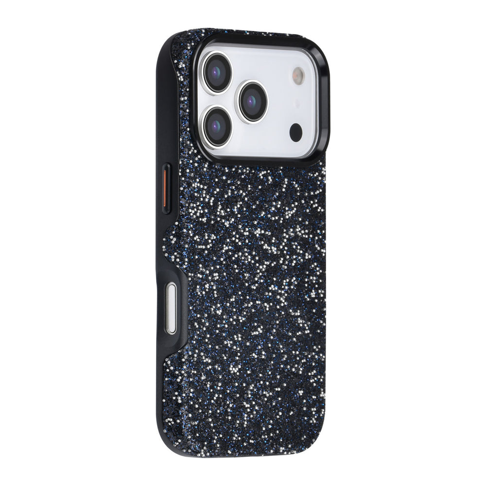 Zwart TUNIQ telefoonhoesje met glitters, van achteren op een telefoon