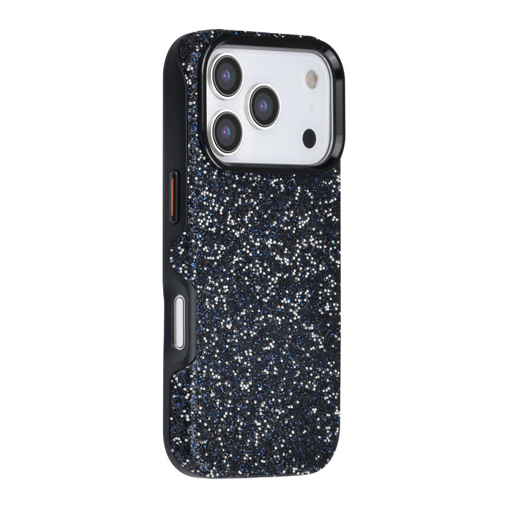 Zwart TUNIQ telefoonhoesje met glitters, van achteren op een telefoon