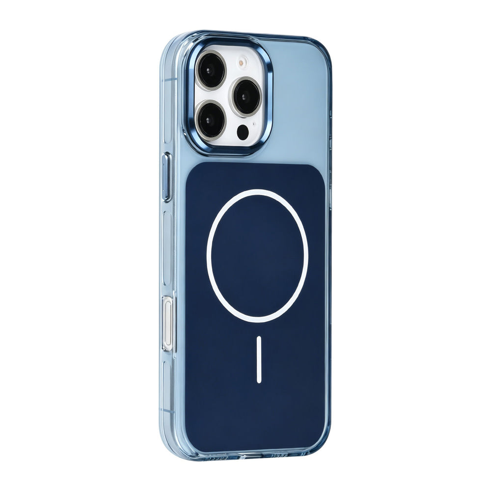 Blauw TUNIQ telefoonhoesje met witte ring, van achteren op een telefoon