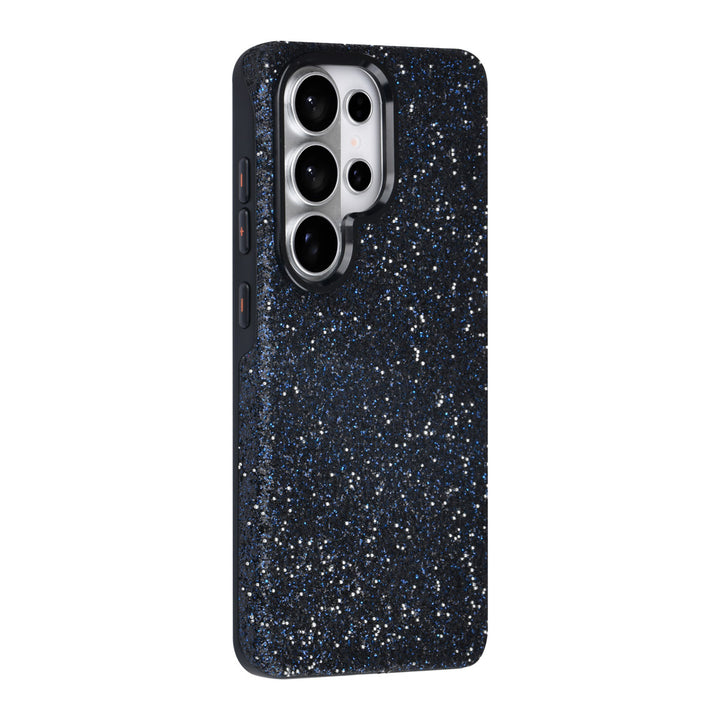 Zwart TUNIQ telefoonhoesje met glitters, van achteren op een telefoon