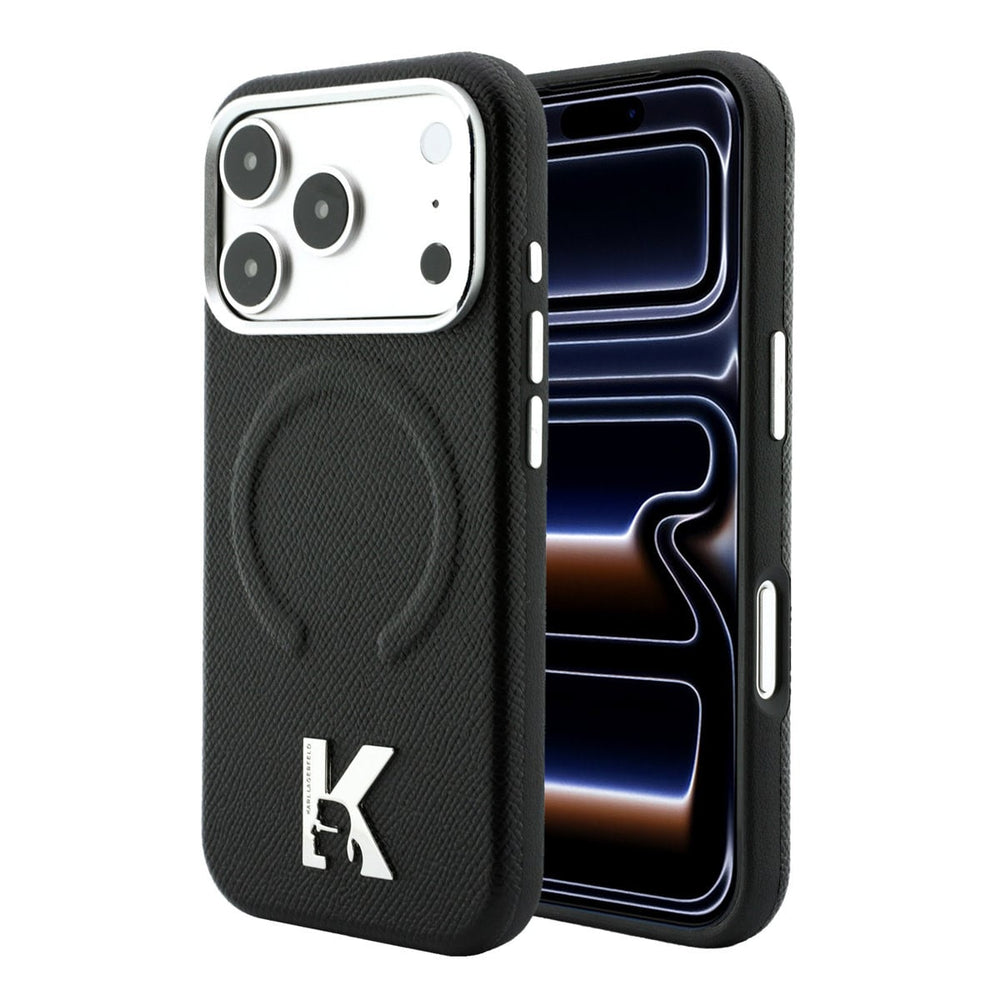 Zwart Karl Lagerfeld telefoonhoesje met ingedrukt ringpatroon en K-logo, voor- en achterkant op een telefoon