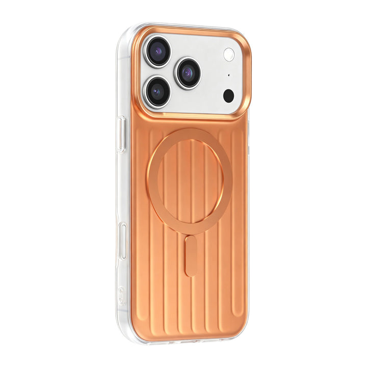 Oranje TUNIQ telefoonhoesje met verticale ribbels en ring, van achteren op een telefoon