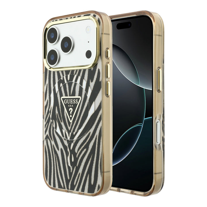 Guess telefoonhoesje met zwart-witte zebraprint, goudkleurige rand en driehoekslogo, voor- en achterkant op een telefoon