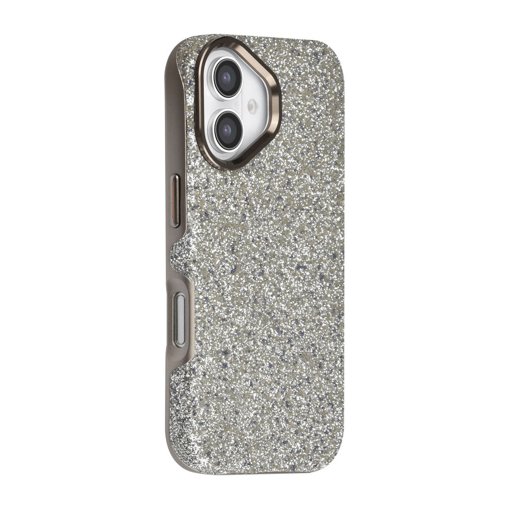 TUNIQ telefoonhoesje met lichte glitters en goudkleurige rand, van achteren op een telefoon