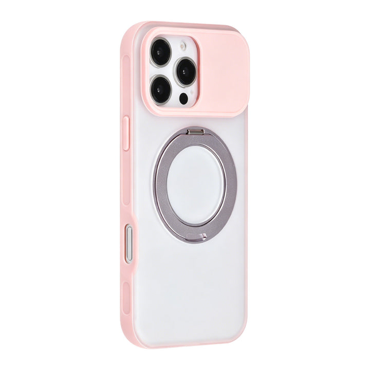 Roze TUNIQ telefoonhoesje met glanzende ringstandaard, van achteren op een telefoon