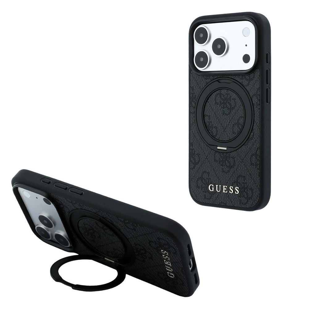 Zwart Guess telefoonhoesje met 4G-patroon met ringstandaard, staand en horizontaal als telefoonsteun