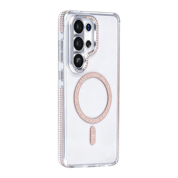 Transparant TUNIQ telefoonhoesje met goudkleurige glitterring en rand, van achteren op een telefoon