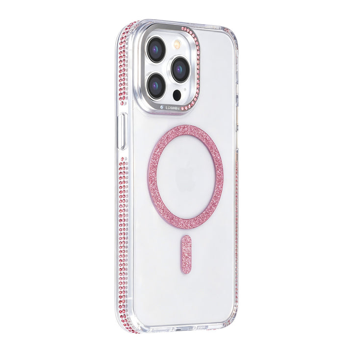 Transparant TUNIQ telefoonhoesje met roze glitterring en rand, van achteren op een telefoon