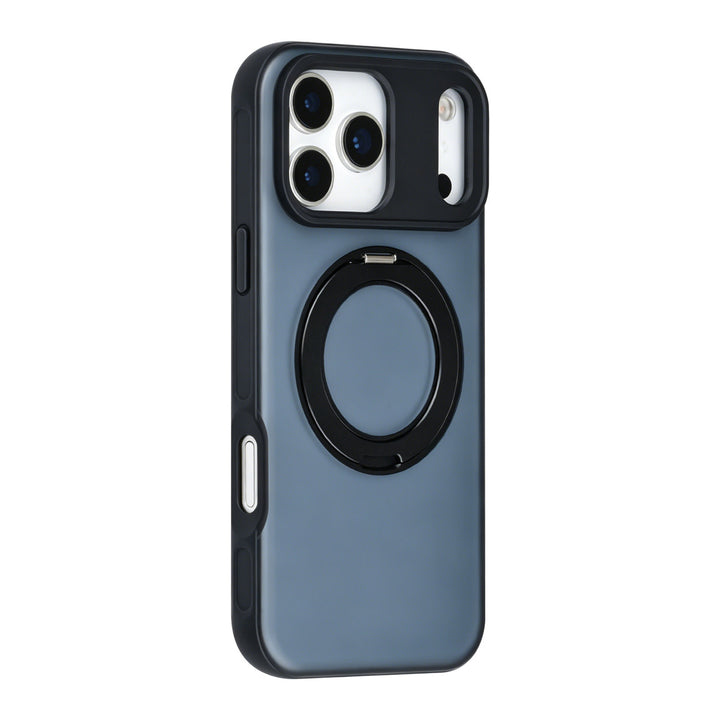 Zwart TUNIQ telefoonhoesje met glanzende ringstandaard, van achteren op een telefoon