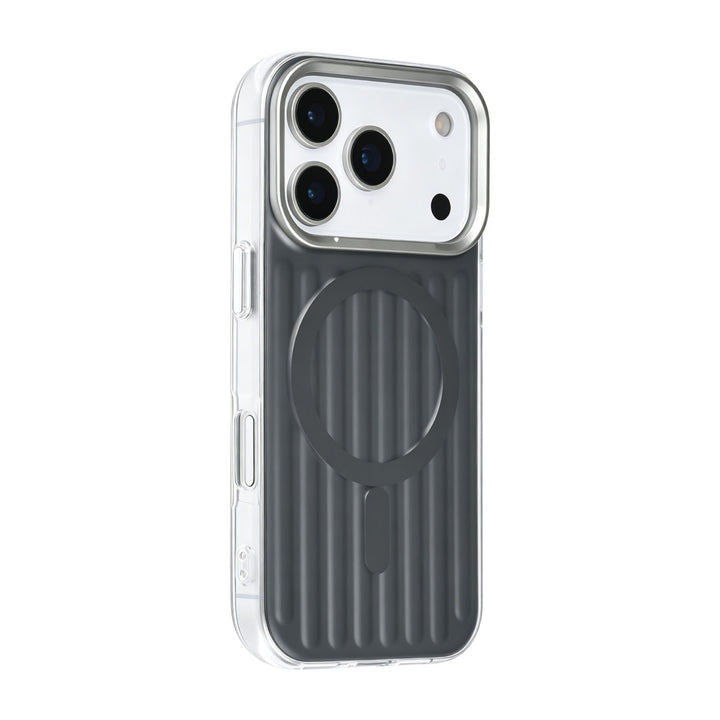 Zwart TUNIQ telefoonhoesje met verticale ribbels en ring, van achteren op een telefoon