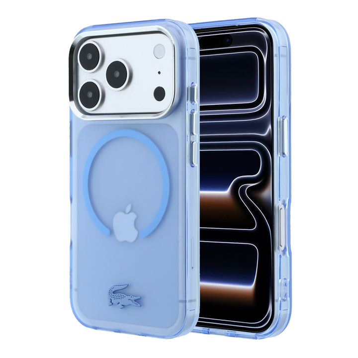 Blauw transparant Lacoste telefoonhoesje met ring en krokodillenlogo, voor- en achterkant op een telefoon