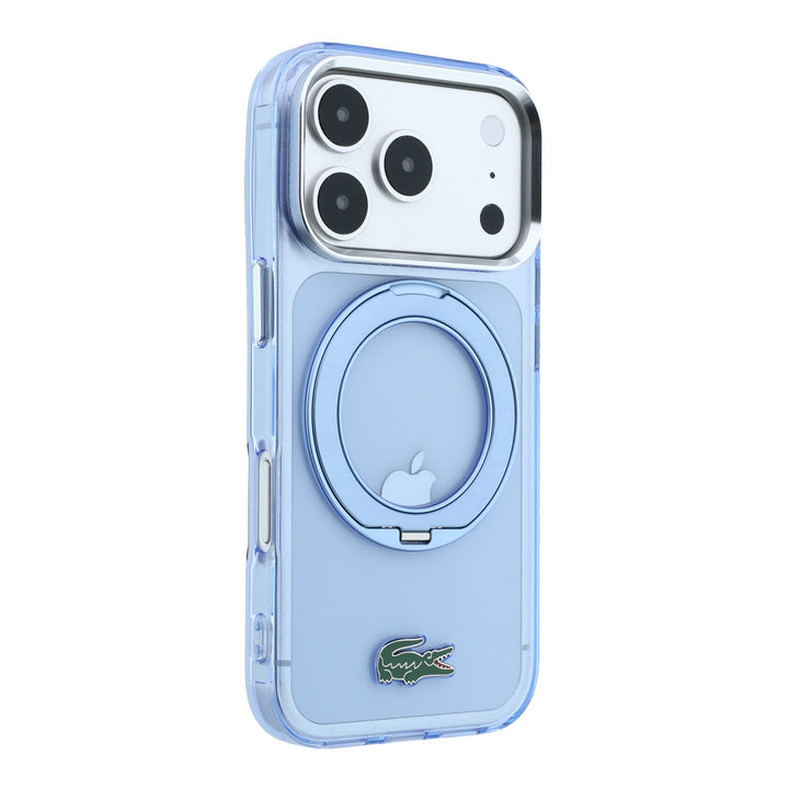 Blauw Lacoste telefoonhoesje met ingeklapte ringstandaard, schuin van achteren
