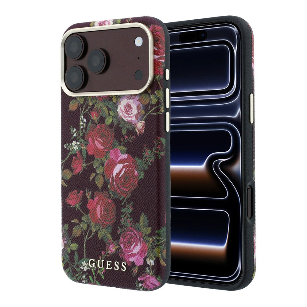 Zwart Guess telefoonhoesje met rozenprint, voor- en achterkant op een telefoon