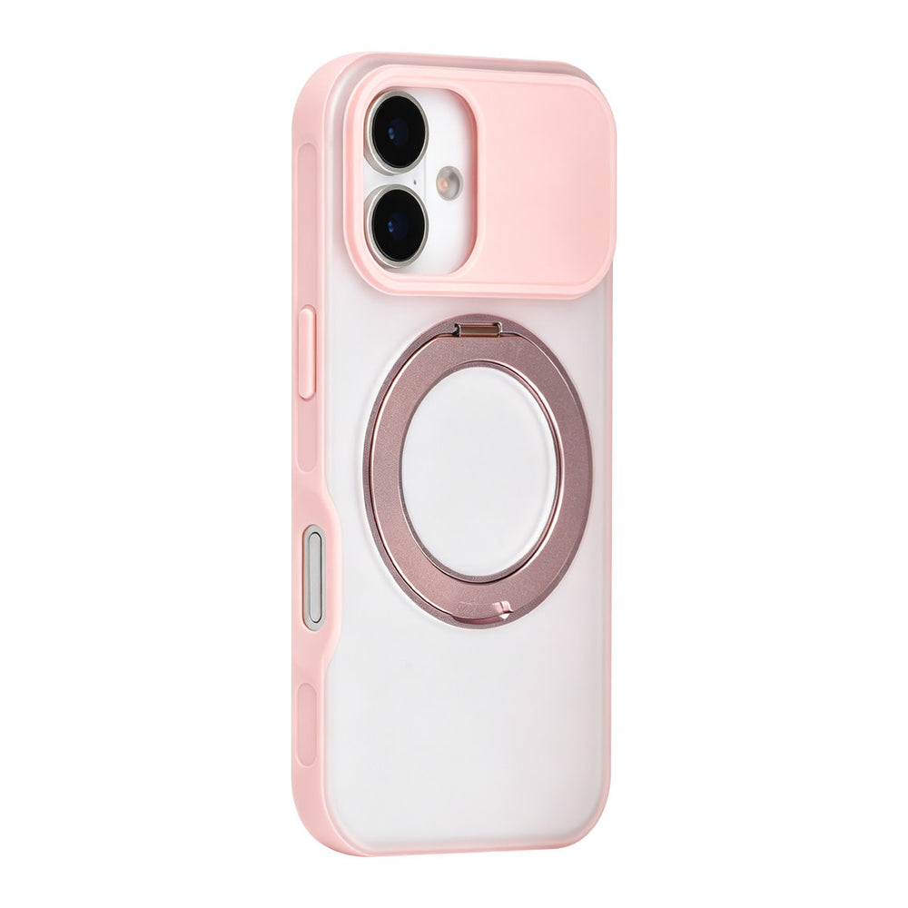 Roze TUNIQ telefoonhoesje met glanzende ringstandaard, van achteren op een telefoon