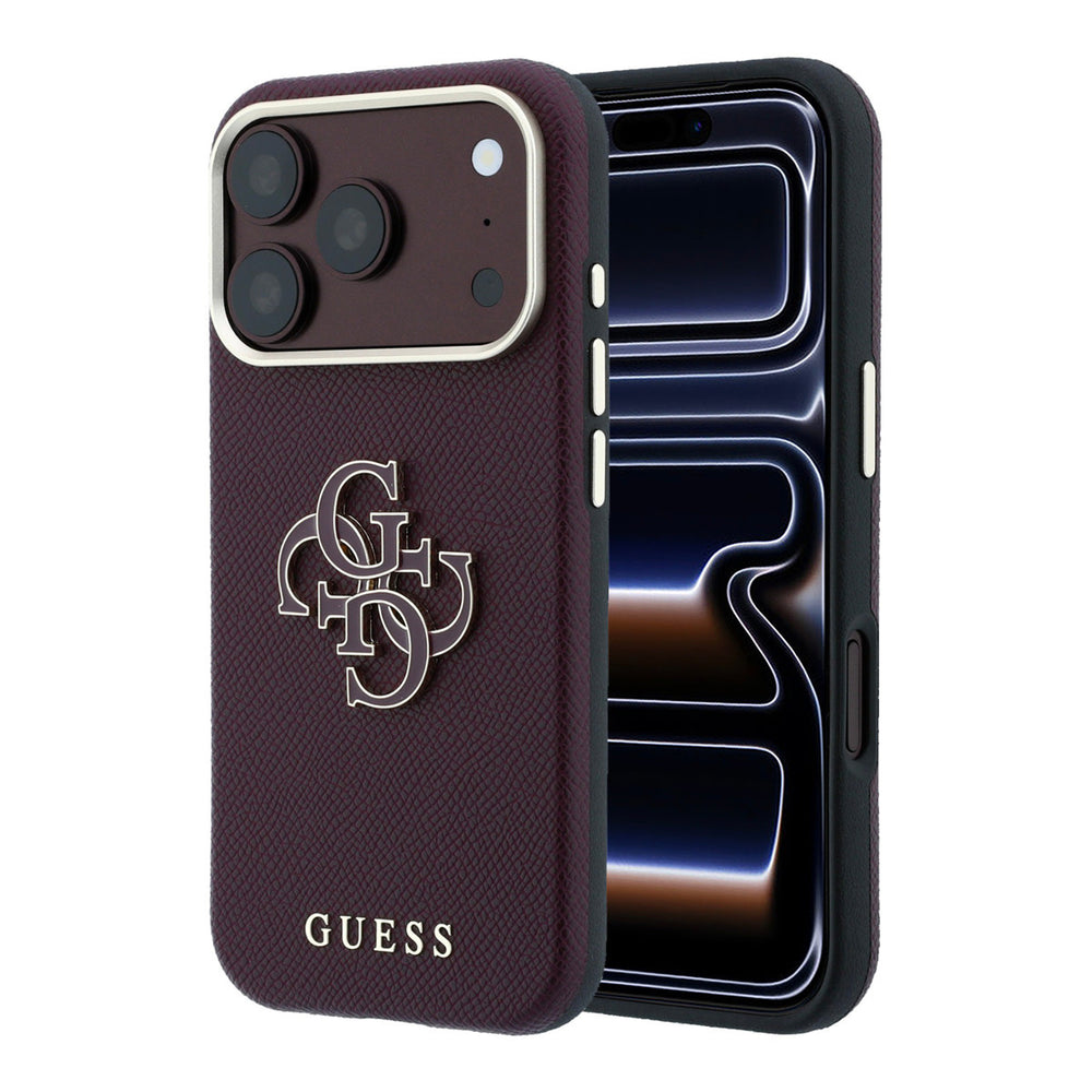 Bordeauxkleurig Guess telefoonhoesje met groot 4G-logo, voor- en achterkant op een telefoon