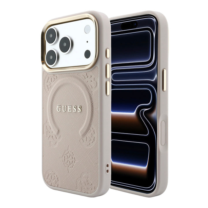 Lichtgekleurd Guess telefoonhoesje met bloemenpatroon en ringstandaard, voor- en achterkant op een telefoon