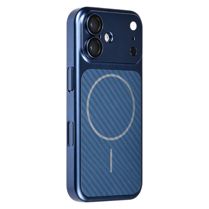 Blauw TUNIQ telefoonhoesje met diagonaal patroon en ring, van achteren op een telefoon