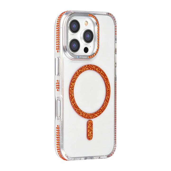 Transparant TUNIQ telefoonhoesje met oranje glitterring en rand, van achteren op een telefoon