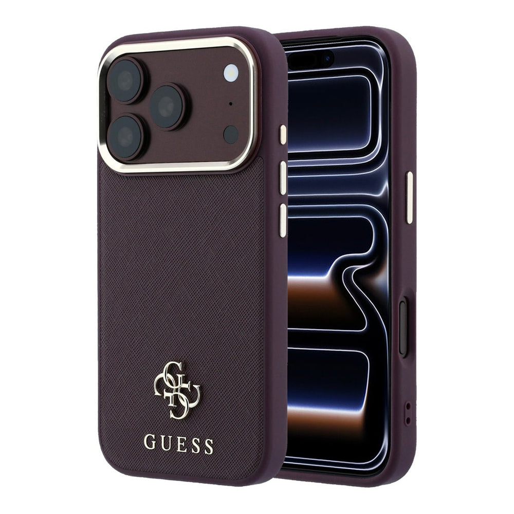 Bordeauxkleurig Guess telefoonhoesje met klein 4G-logo, voor- en achterkant op een telefoon