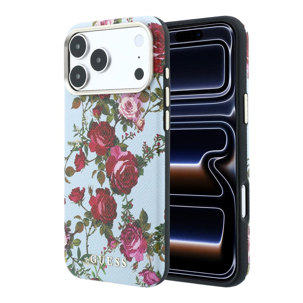 Lichtgekleurd Guess telefoonhoesje met rozenprint, voor- en achterkant op een telefoon