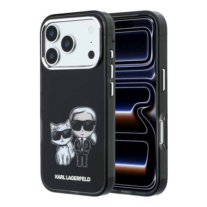 Zwart Karl Lagerfeld telefoonhoesje met figuren van Karl en Choupette, voor- en achterkant op een telefoon