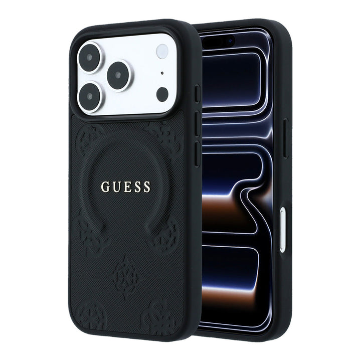 Zwart Guess telefoonhoesje met ingedrukt ringpatroon en schriftlogo, voor- en achterkant op een telefoon