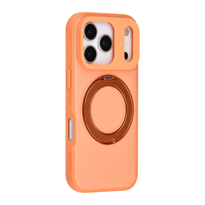 Oranje TUNIQ telefoonhoesje met glanzende ringstandaard, van achteren op een telefoon