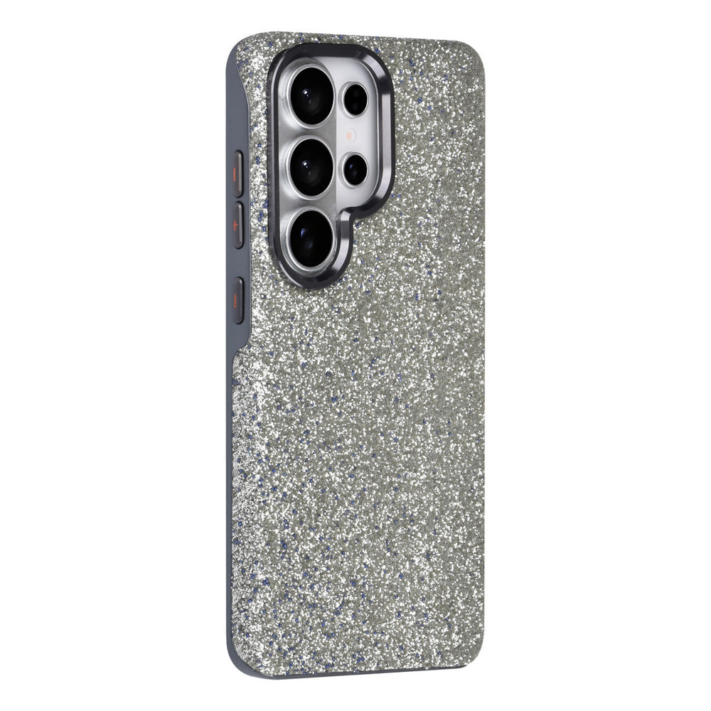 Grijs TUNIQ telefoonhoesje met glitters, van achteren op een telefoon