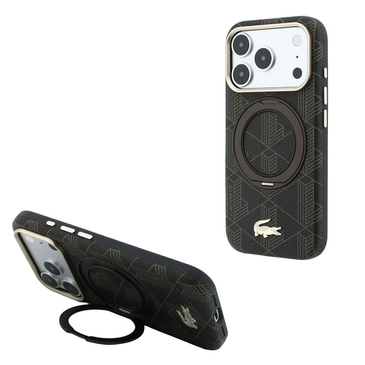 Zwart Lacoste telefoonhoesje met geometrisch patroon met ringstandaard, staand en horizontaal als telefoonsteun