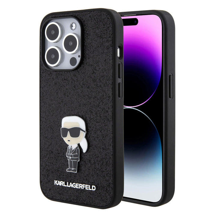 Zwart Karl Lagerfeld telefoonhoesje met glitters en kleine Karl-figuur, voor- en achterkant op een telefoon