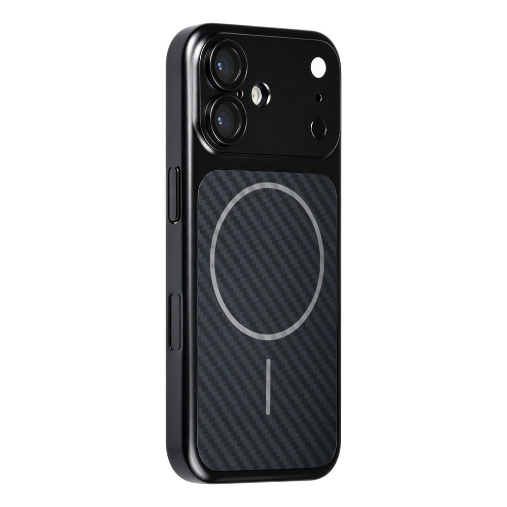 Zwart TUNIQ telefoonhoesje met diagonaal patroon en ring, van achteren op een telefoon